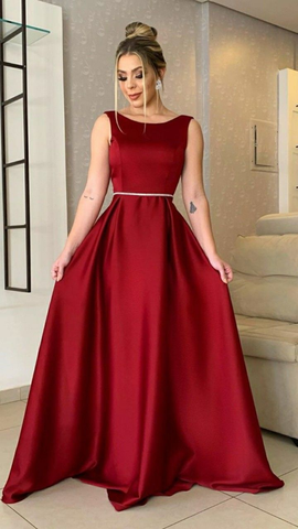 Vestidos de fiesta largos de satén color burdeos con escote redondo para mujer, ideales para bodas (Y5148)