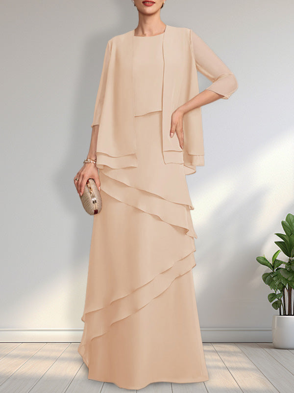 Vestido de gasa de corte recto y escote redondo hasta el suelo para la madre de la novia
