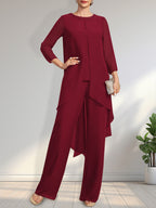 Vestido de dos piezas para la madre de la novia: mono/pantalón de gasa con escote redondo y largo hasta el suelo, adornado con lentejuelas y pedrería.