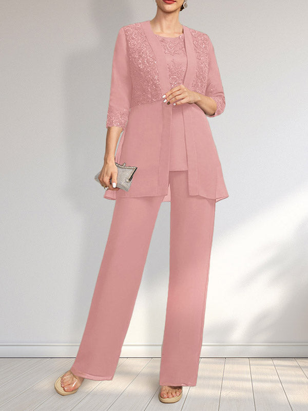 Vestido de novia de gasa con encaje y lentejuelas, estilo mono/traje pantalón, largo hasta el suelo, con escote redondo.