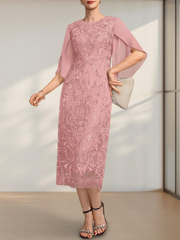 Sheath/Column Scoop Tea-Length Lace Chiffon Mother of the Bride Dress