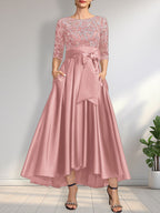 Vestido de madrina de la novia, corte asimétrico, escote ilusión, satén y encaje, con lazo.