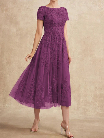 A-line Scoop Tea-Length Tulle Lace Mother of the Bride Dress