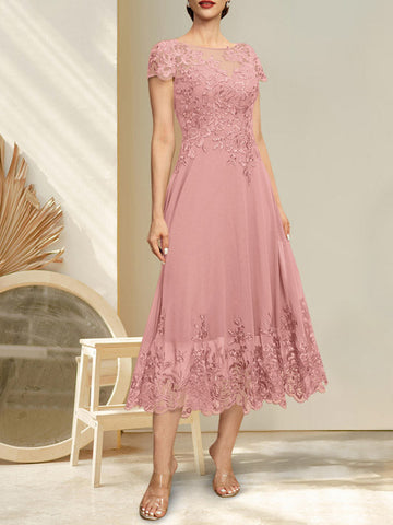 A-line Illusion Scoop Tea-Length Lace Chiffon Mother of the Bride Dress With Sequins