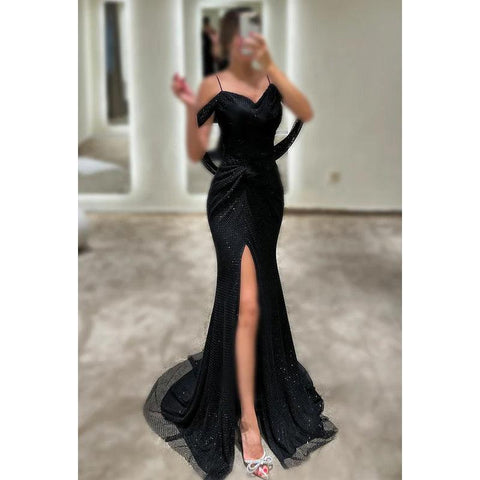 Vestido elegante y moderno de corte trompeta/sirena con tirantes, mangas cortas y abertura para fiesta formal de graduación