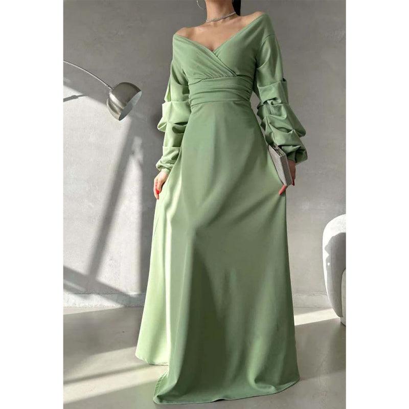 Robe de bal longue simple, coupe trapèze, col en V, épaules dénudées, manches bouffantes 
