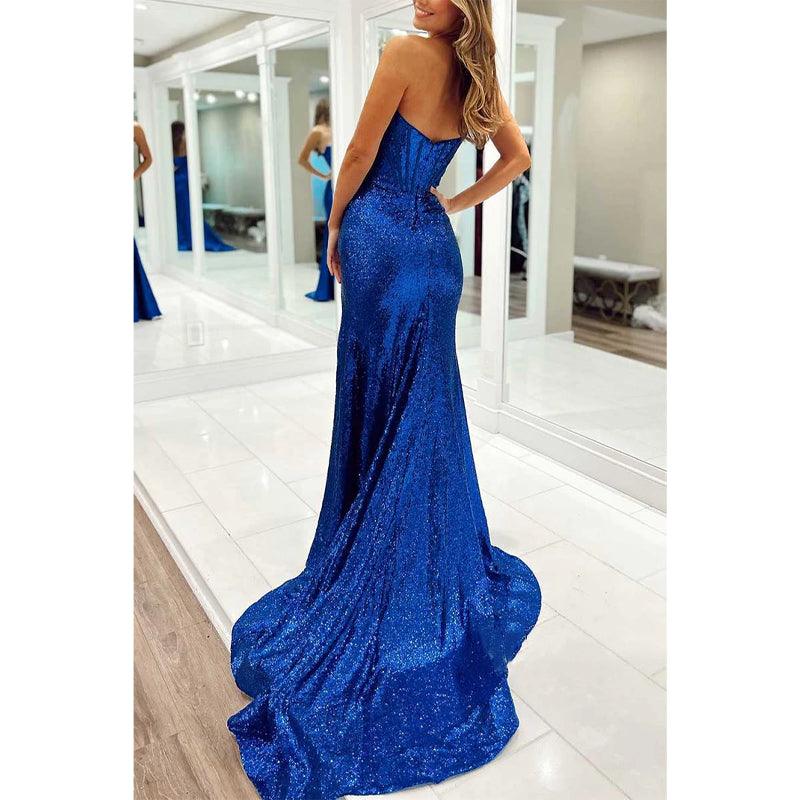 Robe de soirée à paillettes, détachable, épaules dénudées et fente latérale 