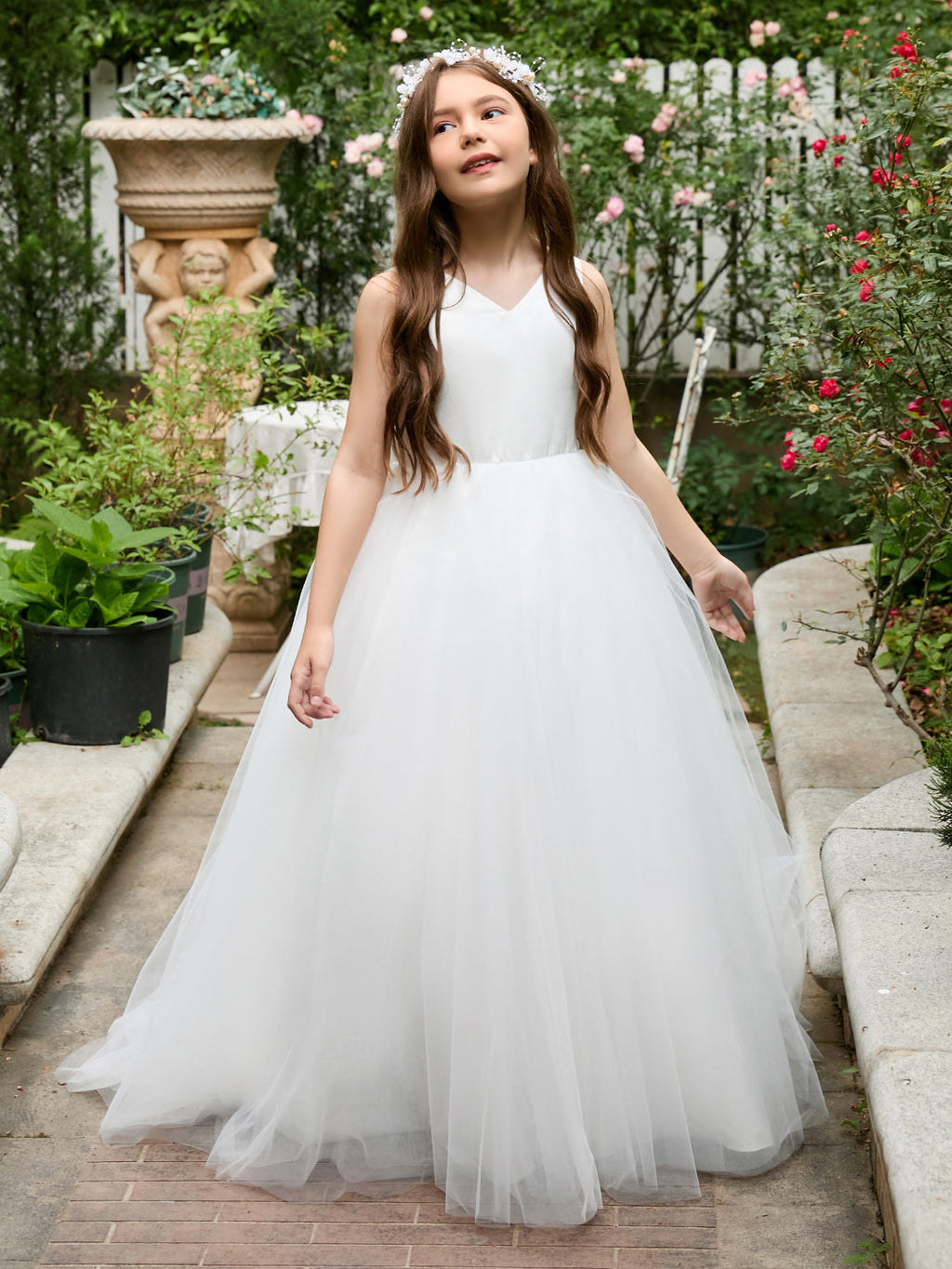 Vestido clásico blanco de corte A sin mangas para niña de las flores, de satén y tul 