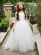 Vestido clásico blanco de corte A sin mangas para niña de las flores, de satén y tul 