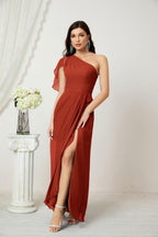 Baoleely  Chiffon Ruffled One Shoulder Long Bridesmaid Dresses A-line Formal Evening Gown Side Split 2809