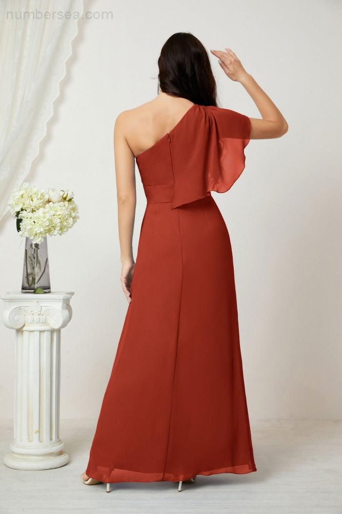 Baoleely  Chiffon Ruffled One Shoulder Long Bridesmaid Dresses A-line Formal Evening Gown Side Split 2809