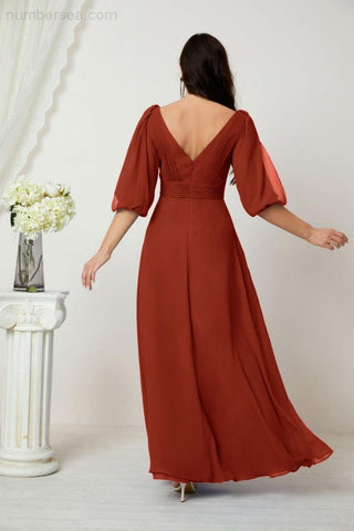 Baoleely  Formal Prom Gown Women V-Neck Chiffon Bridesmaid Dresses Long Bishop Sleeve Party Dress 2807