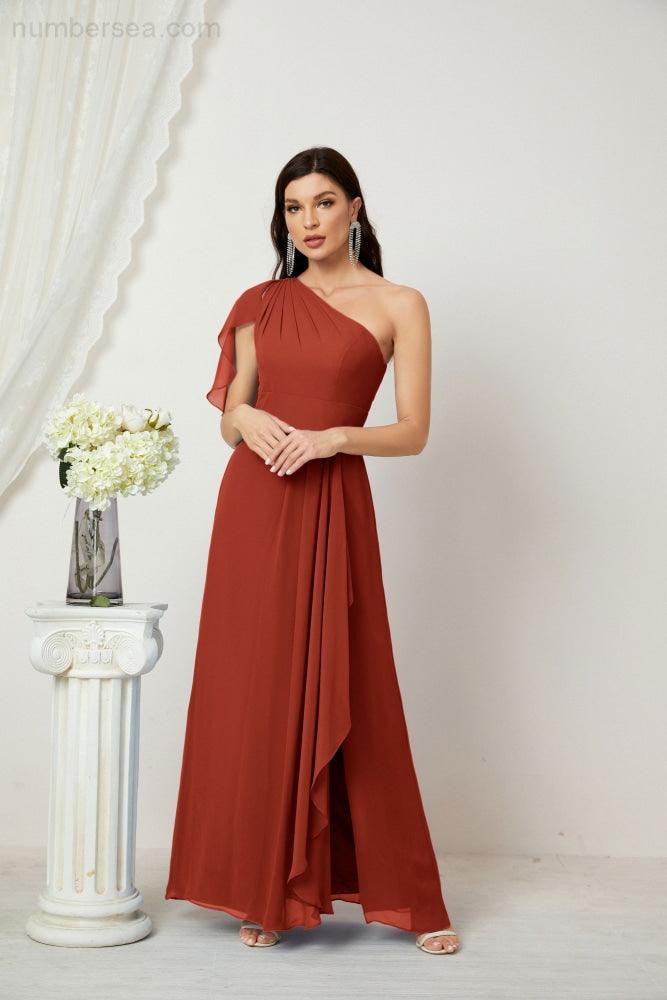 Baoleely  Chiffon Ruffled One Shoulder Long Bridesmaid Dresses A-line Formal Evening Gown Side Split 2809