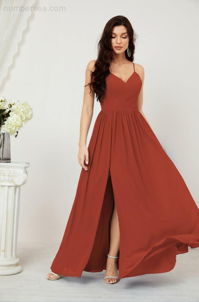 Robe de demoiselle d'honneur en mousseline de soie, longue, coupe trapèze, col en V, pour soirée de mariage, 2801 