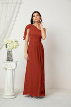 Baoleely  Chiffon Ruffled One Shoulder Long Bridesmaid Dresses A-line Formal Evening Gown Side Split 2809