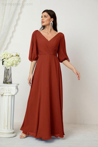 Baoleely  Formal Prom Gown Women V-Neck Chiffon Bridesmaid Dresses Long Bishop Sleeve Party Dress 2807