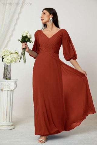 Baoleely  Formal Prom Gown Women V-Neck Chiffon Bridesmaid Dresses Long Bishop Sleeve Party Dress 2807