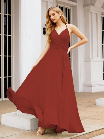 Baoleely Halter Chiffon Bridesmaid Dresses Wedding Appare Sleeveless Formal Prom Dress with Ruffled Back 28035