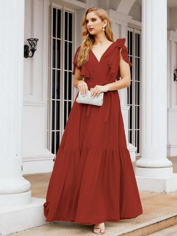 Vestido de fiesta formal de noche con espalda descubierta para mujer Baoleely, escote en V, largo, de gasa, con cinturón a la cintura 28038