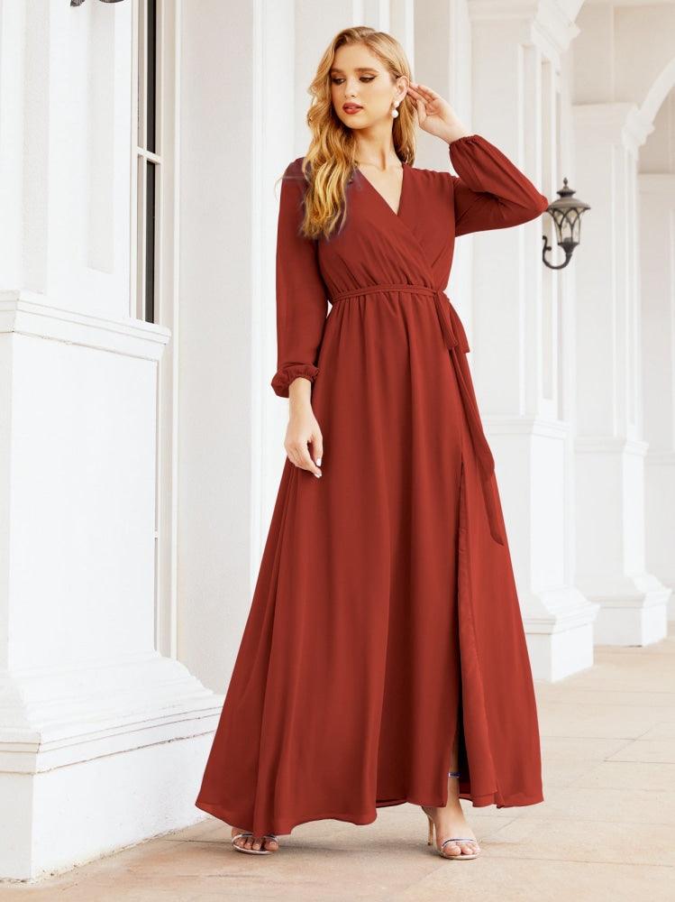 Vestido de dama de honor de gasa para mujer Sunderly, corte en A, manga larga, vestido de noche formal para invitada de boda SY28032 