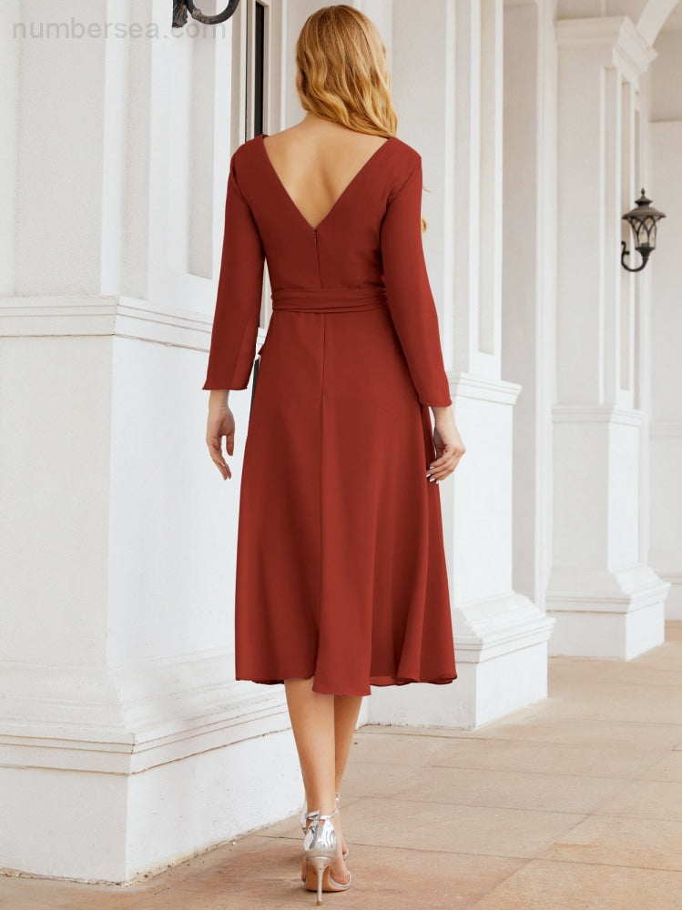 Robe de demoiselle d'honneur dos nu en V avec ceinture à la taille - Mère de la mariée - Invitée au mariage SY28031