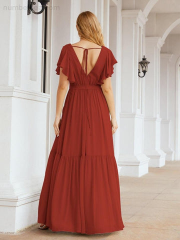 Vestido de fiesta formal de noche con espalda descubierta para mujer Baoleely, escote en V, largo, de gasa, con cinturón a la cintura 28038