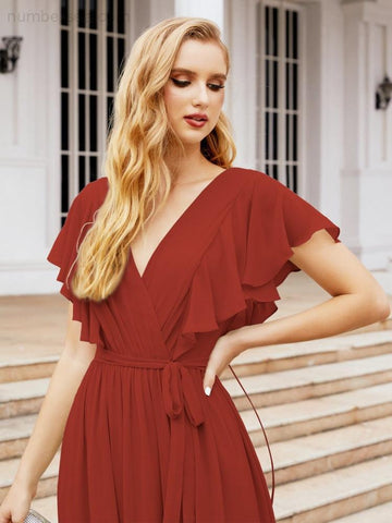 Vestido de fiesta formal de noche con espalda descubierta para mujer Baoleely, escote en V, largo, de gasa, con cinturón a la cintura 28038