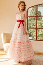 Robe de bal longue princesse trapèze décolleté cœur avec nœud papillon