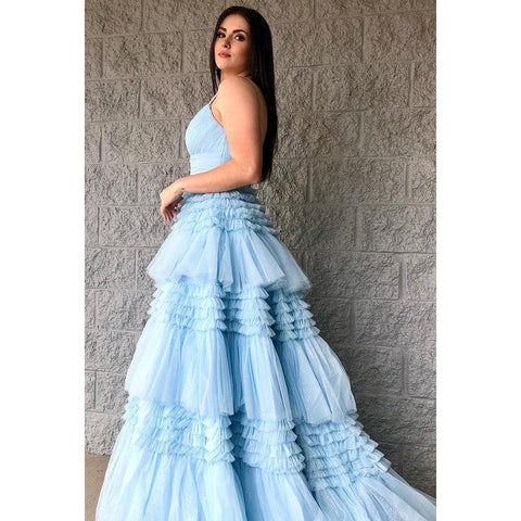 Vestido largo de fiesta de bienvenida con escote en V, tirantes finos y tul fruncido, corte A 