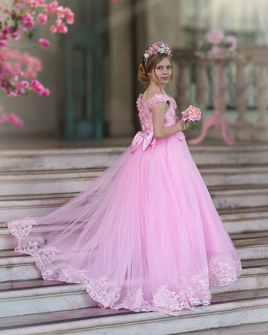 Vestido de gala/princesa rosa con cola de encaje para cumpleaños 