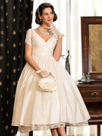 Vestidos de novia cortos estilo vintage de los años 50, corte en A, escote en V y mangas