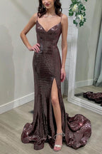 Robe de bal à sequins couleur chocolat avec fente