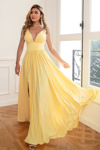 Robe de bal longue jaune classique trapèze à col en V et fente sur le devant