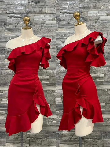 Vestido corto mini rojo de un solo hombro para fiesta de bienvenida, ideal para cumpleaños (Y7635)