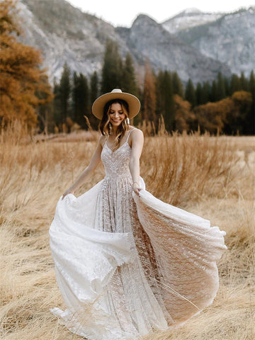 Robe de mariée bohème à bretelles pour femme, sans manches, col en V, coupe trapèze, robe de plage romantique bohème 