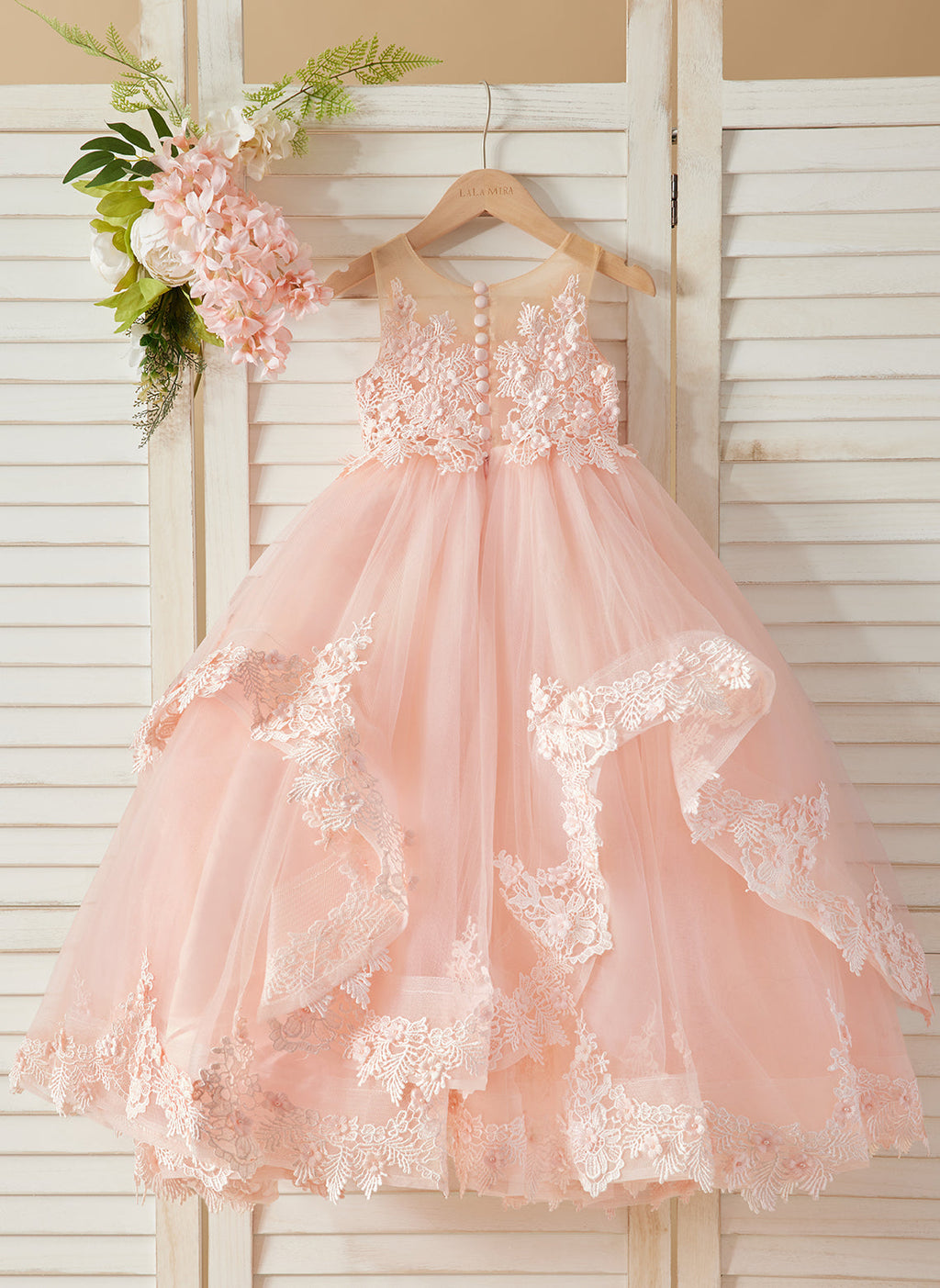 Vestido de princesa sin mangas de tul con apliques de encaje y cola corta para niñas 