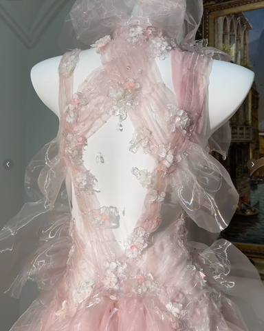 Vestido de fiesta largo de noche sin espalda, de tul rosa hada con cuentas Y8564