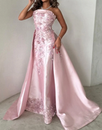 Gorgeous Pink Strapless Satin Appliques Evening Dress Formal Prom Dress Y8427