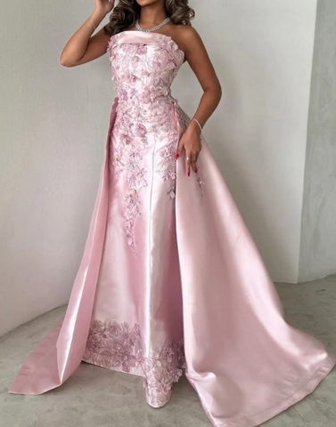 Robe de soirée rose somptueuse sans bretelles en satin ornée d'appliqués, robe de bal de gala Y8427