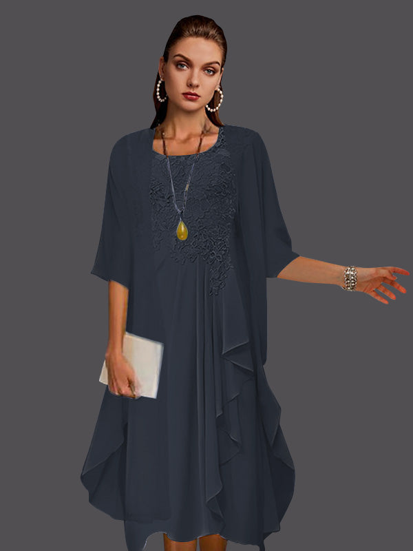 Vestidos de dos piezas de corte A, de gasa, encaje, sin mangas, con chaqueta, pliegues y apliques. 