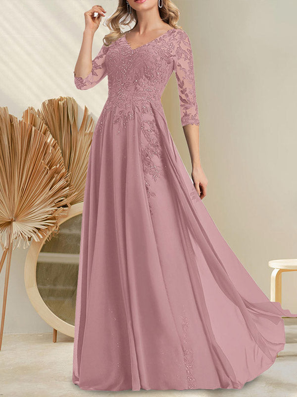 Vestido de novia de corte A, escote en V, largo hasta el suelo, de gasa de encaje con lentejuelas para la madre de la novia