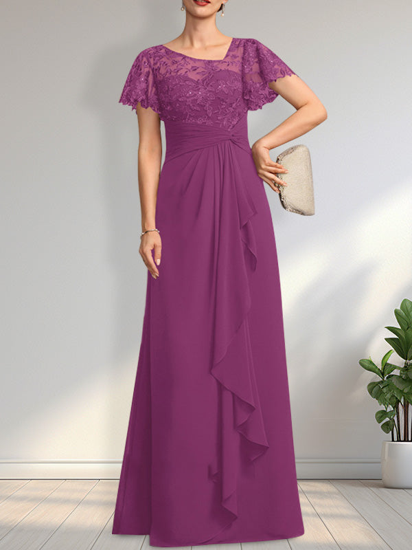 Robe de mariée asymétrique en mousseline de soie et dentelle, coupe trapèze, longueur au sol, avec volants et sequins en cascade, idéale pour la mère de la mariée.