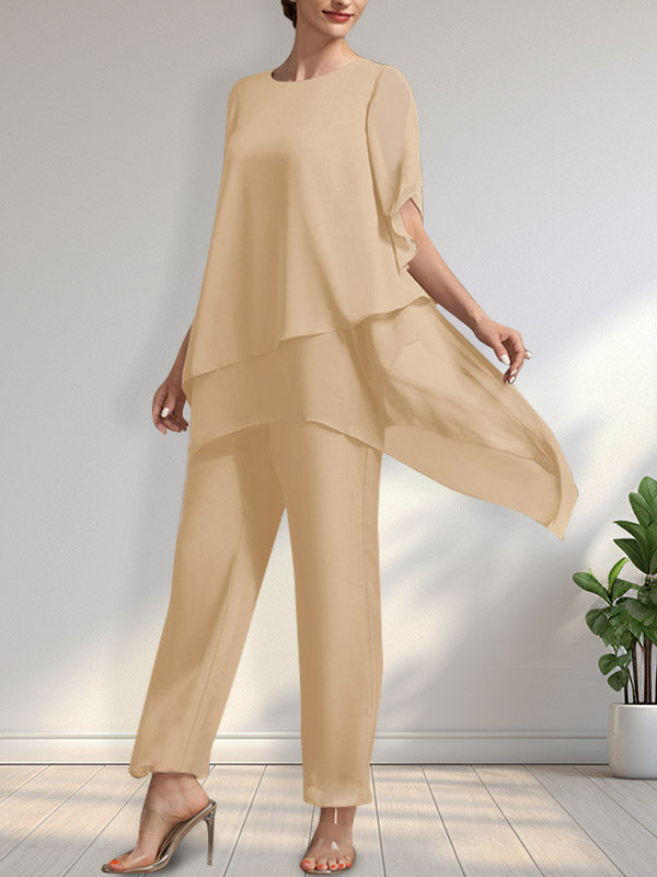 Vestido de gasa de dos piezas para la madre de la novia: mono/traje pantalón con escote redondo y largo hasta el tobillo.