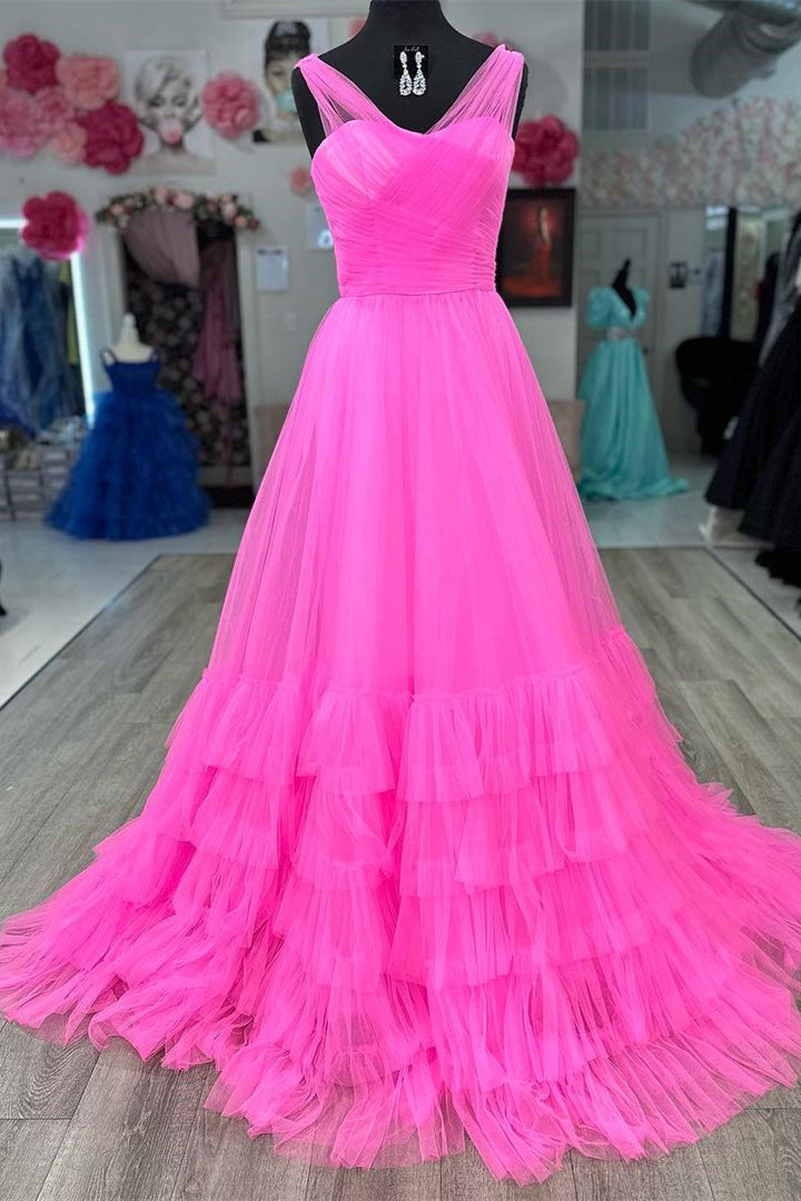 Vestido de fiesta de tul con escote ilusión en V y corte en A
