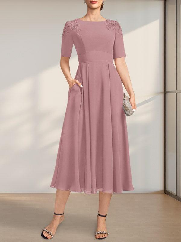 Vestido de corte A, escote redondo, largo té, de gasa, para la madre de la novia, con apliques de encaje y lentejuelas.