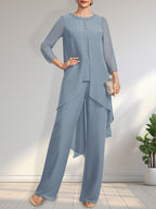 Vestido de dos piezas para la madre de la novia: mono/pantalón de gasa con escote redondo y largo hasta el suelo, adornado con lentejuelas y pedrería.