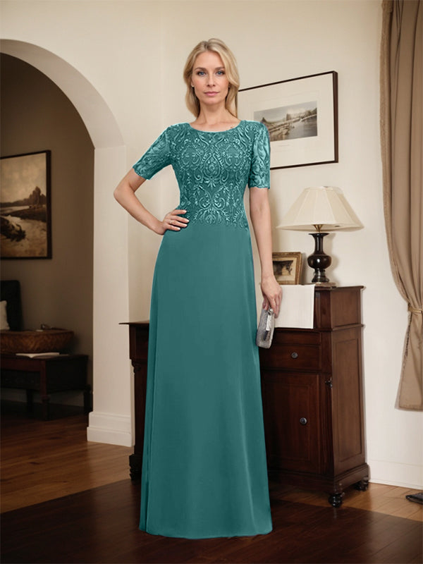 Vestido de novia de corte línea A, escote redondo, largo hasta el suelo, de encaje y gasa con lentejuelas.
