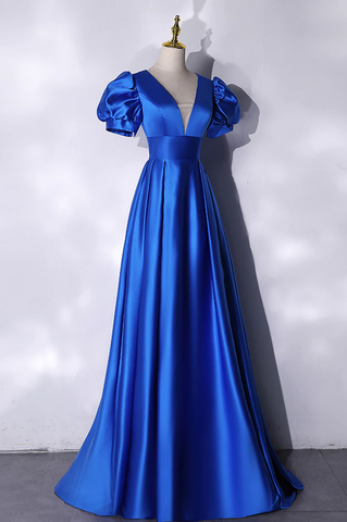 Blue satin long prom dress simple evening dress Y241