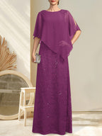 Robe fourreau/colonne longue en mousseline de soie et dentelle, ornée de sequins et de perles, pour la mère de la mariée.