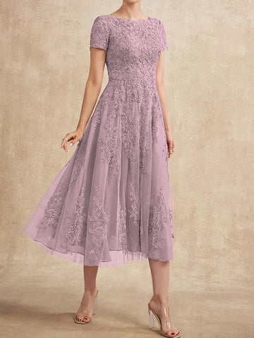 A-line Scoop Tea-Length Tulle Lace Mother of the Bride Dress
